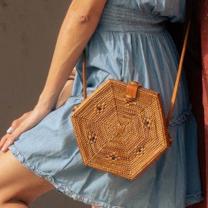 Bali Hexagon Boho Wicker Bag Genuine Rattan Crossbody Bag Leather Strap